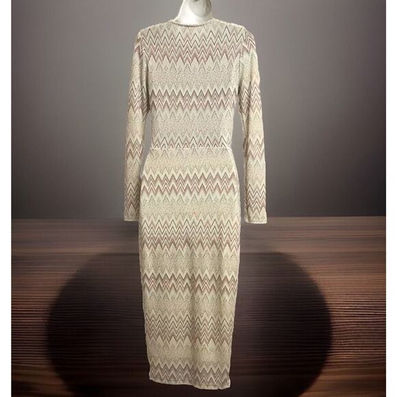 VTG Long Bodycon Womens M Ivory V-neck Sparkle Stripe Evening Gown Va Va Voom US - Picture 4 of 10